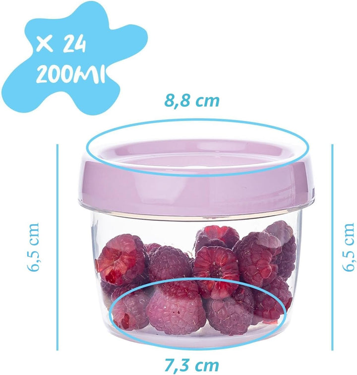 QILZO® Packung mit 24 Lebensmittelbehältern für Babynahrung 200 ml, BPA-frei, mikrowellen- und spülm