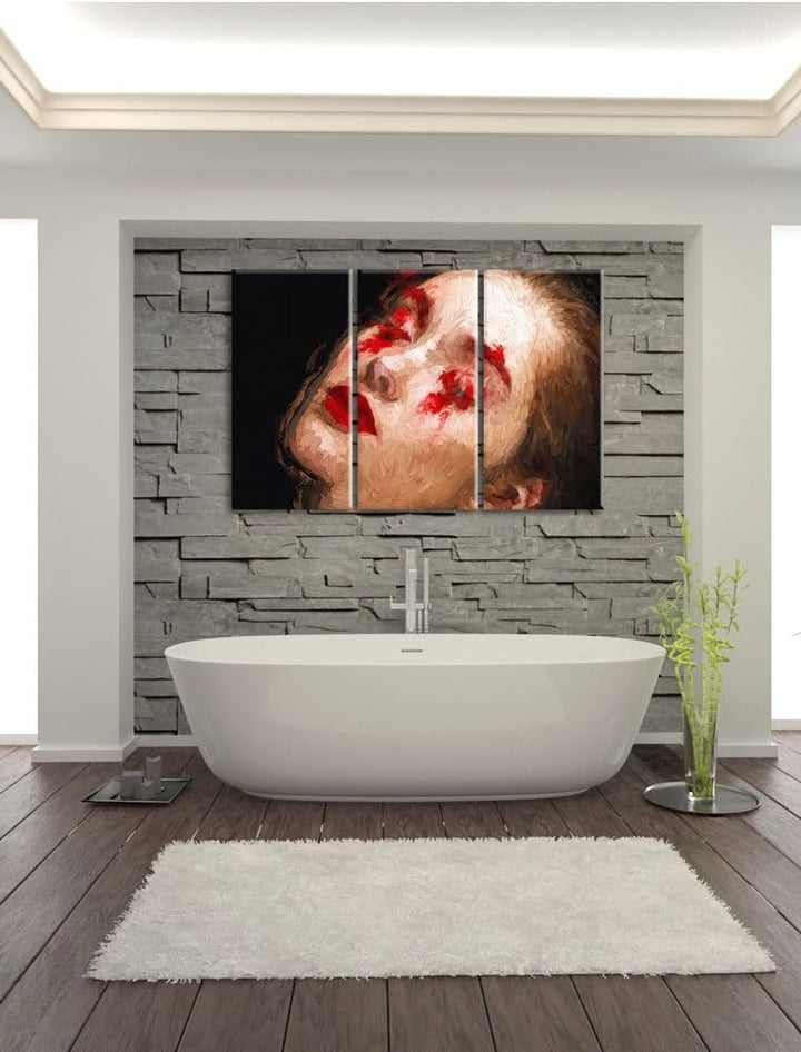 Frau mit roten Puder Pinsel Effekt 3-Teiler Leinwandbild 120x80 Bild auf Leinwand, riesige Bilder fe