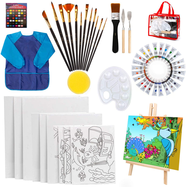 HOTOOLME 55 Stück Leinwand Set mit Acrylfarben Acrylic Paint- Leinwand Kinder, mit Holzstaffelei Lei