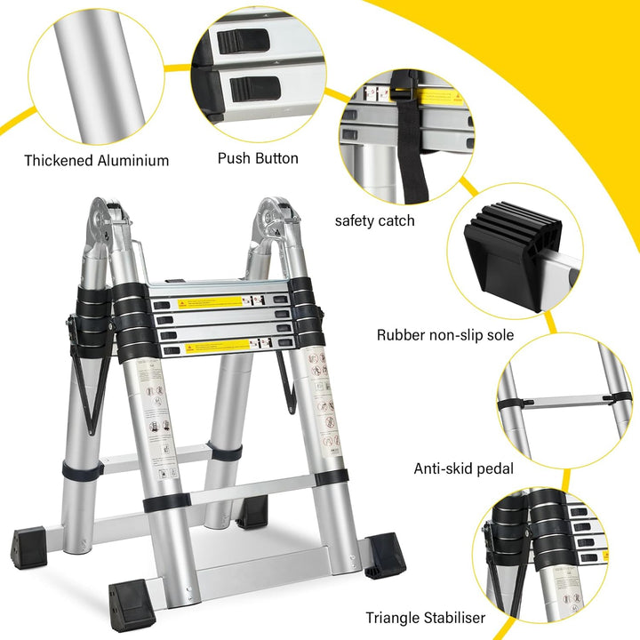 STANEW Teleskopleiter 3,8 m (1,9 + 1,9), Klappleiter, 2-in-1, Teleskopleiter aus Aluminium, Klapplei