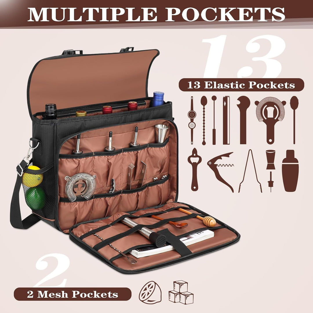 Bartender-Tasche für Cocktail-Shaker-Set, Messenger-Tasche mit gepolsterten Fächern für das Reise-Ba