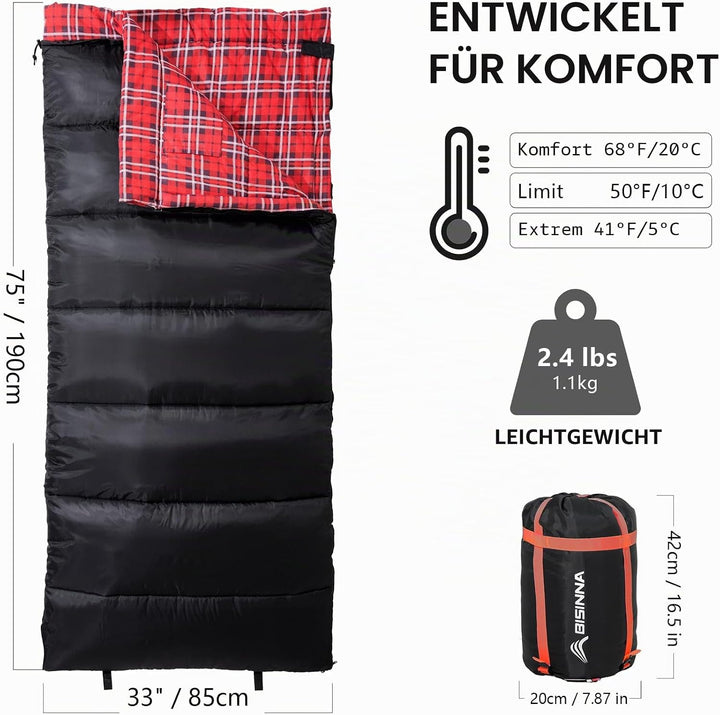 BISINNA XL Baumwoll Flanell-Schlafsack für Camping, 2-3 Jahreszeiten, Erwachsenen-Schlafsack für Wan