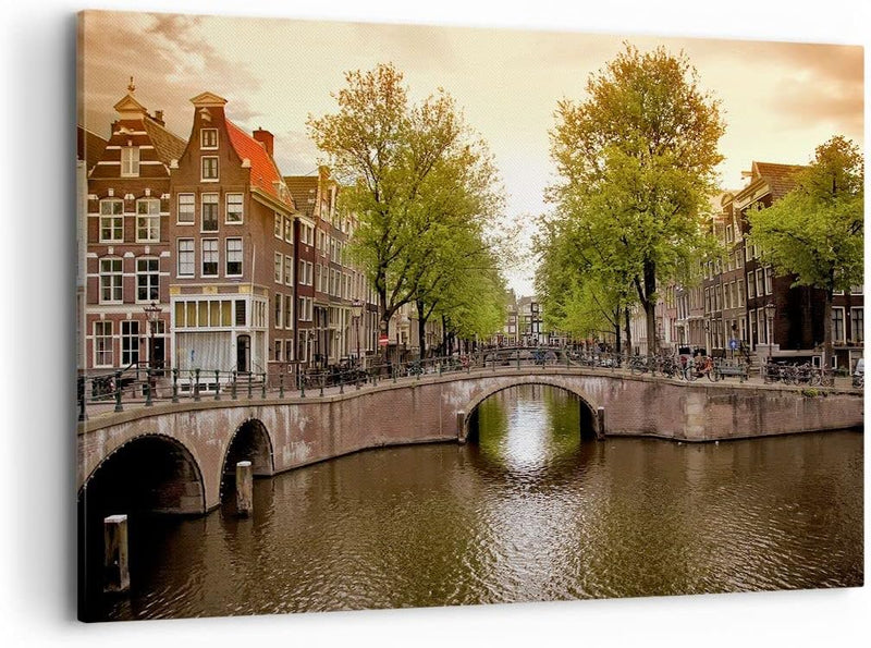 Bilder auf Leinwand 100x70cm Leinwandbild Kanal Wasser Amsterdam Fahrrad Gross Wanddeko Bild Schlafz