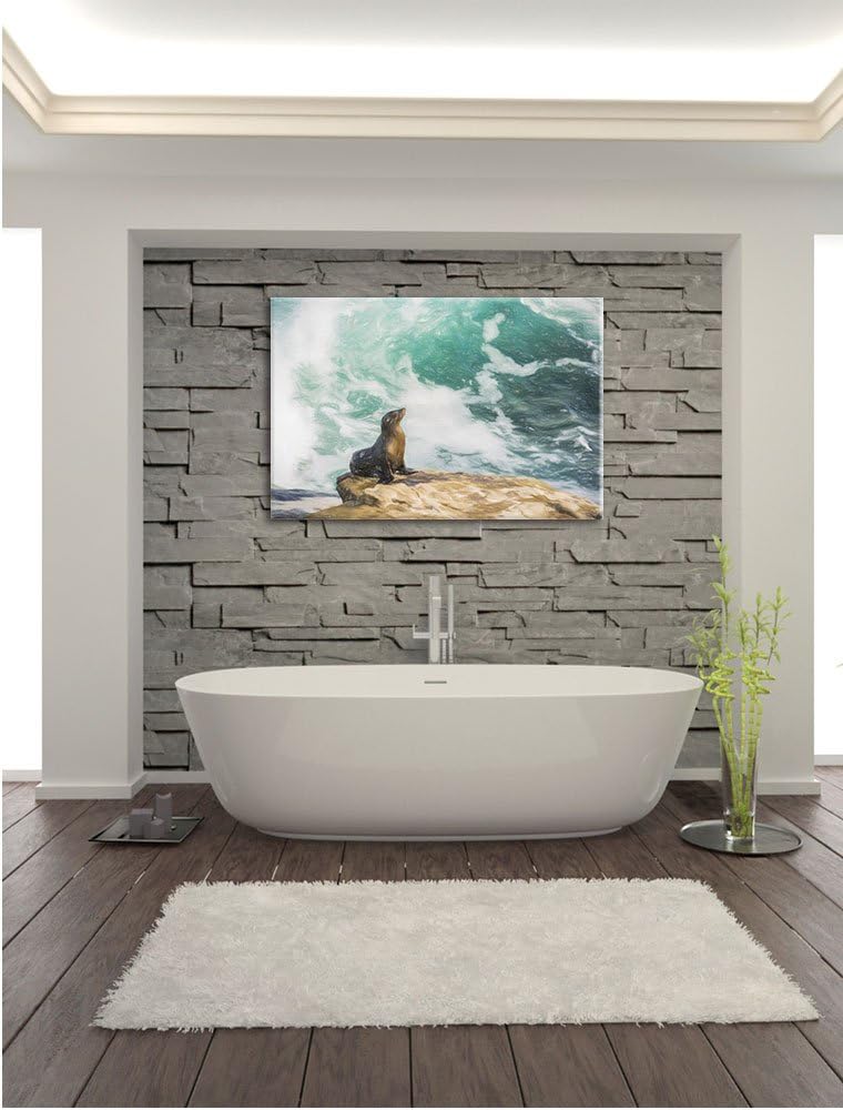 Pixxprint süsse Robbe sonnt Sich Kunst Buntstift Effekt, Format: 100x70 auf Leinwand, XXL riesige Bi