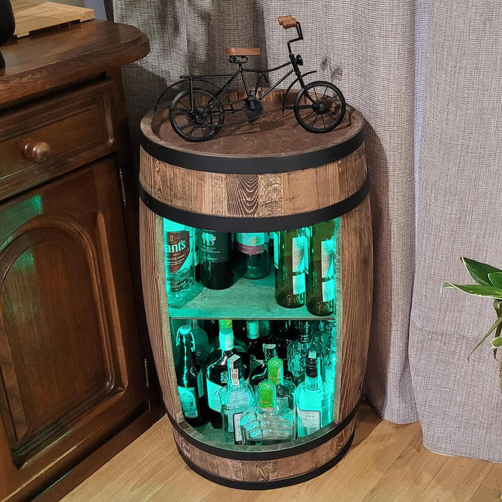 weeco Weinfass als Weinregal - Weinschrank Barschrank LED-Leuchten, Bar Tisch aus Holzfass, Wein Rac