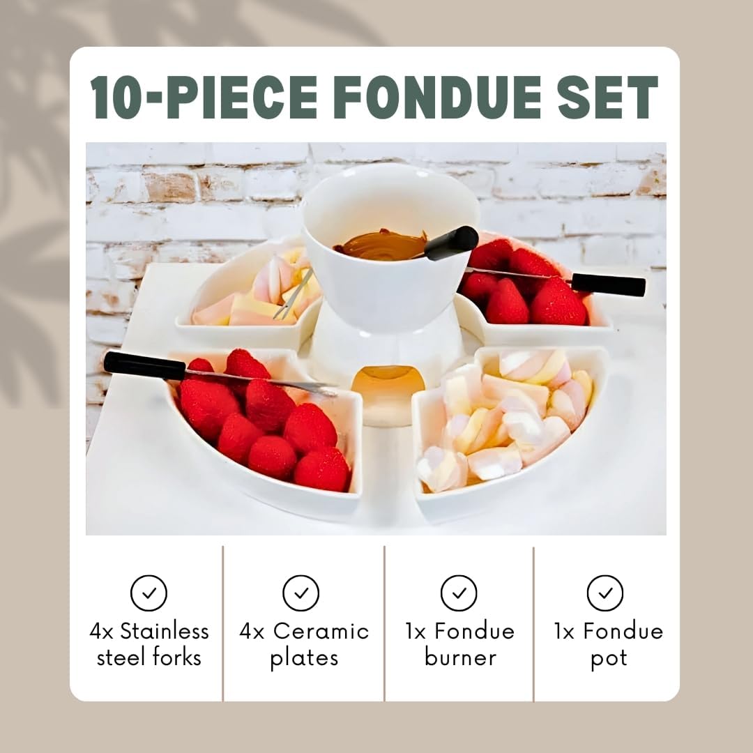 Homezone 10 Stk weisse Keramik Teelicht Kerze Käse/Schokoladen-Fondue Set mit 4 Küche und Edelstahl