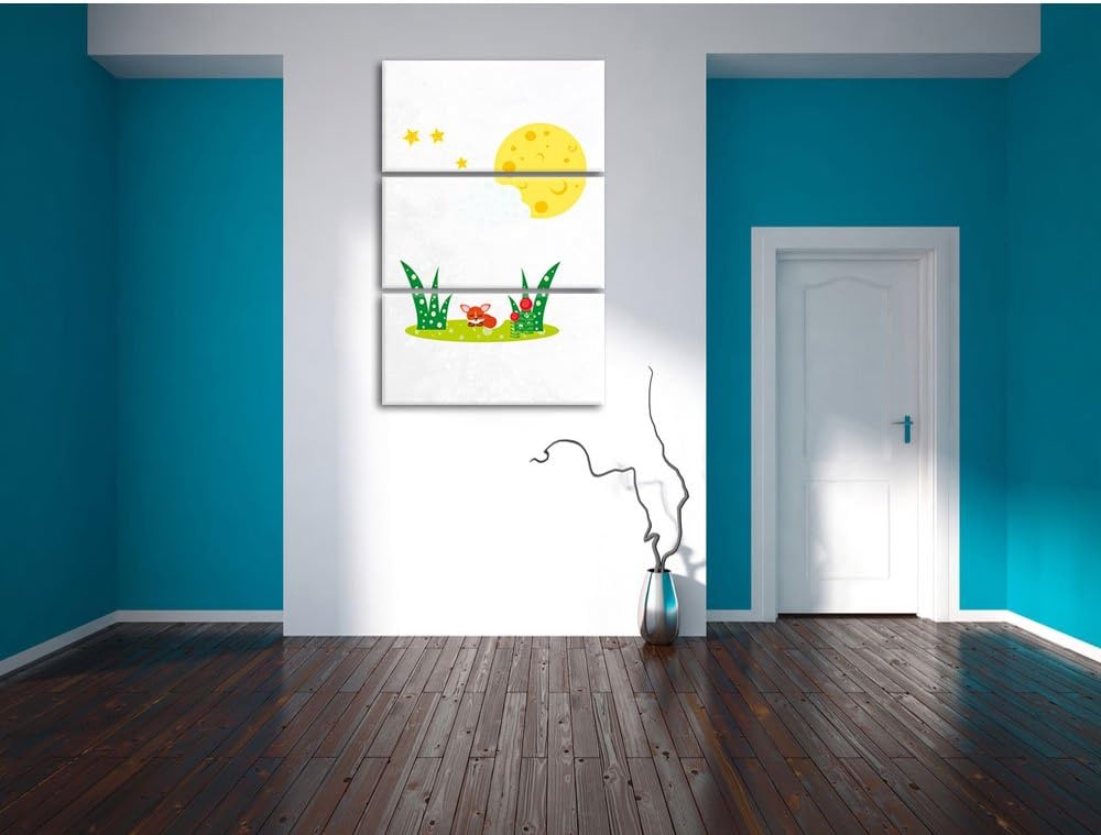 Pixxprint Fuchs auf Wiese nachts als Leinwandbild/Grösse: 3 Teilig (120x80) cm/Wandbild/Kunstdruck/f