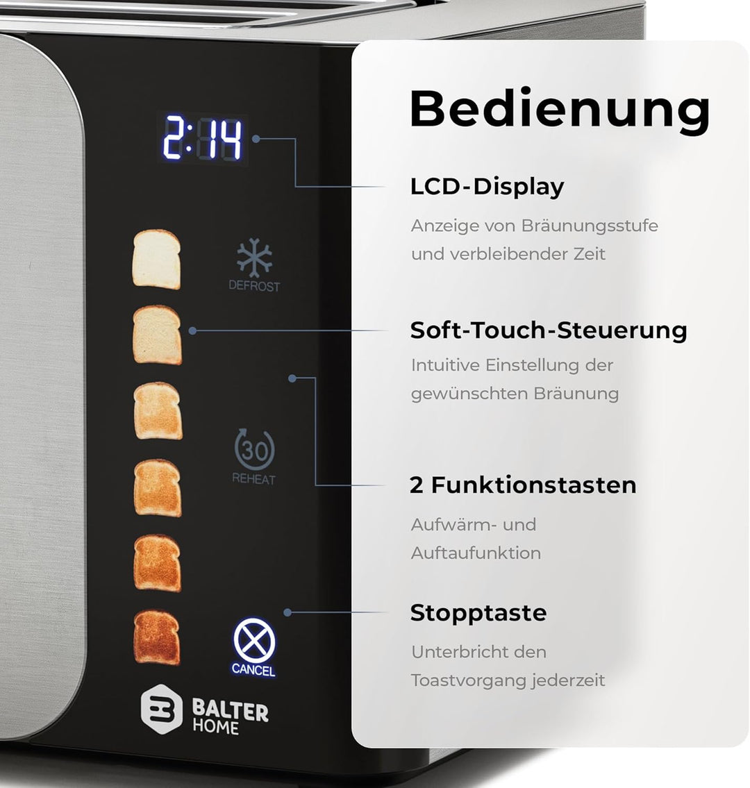 Balter Toaster 4 Scheiben, Touch Bedienung, Langschlitz, Edelstahl, Brötchenaufsatz, LCD Display Lan