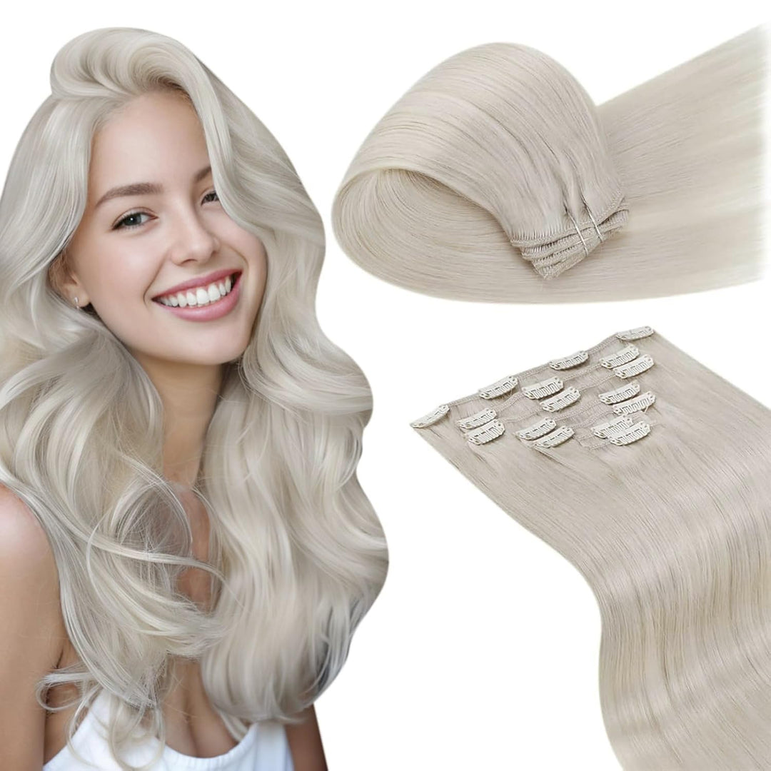 LaaVoo Clip in Haarverlängerung Echthaar Platinblond 105g Clip in Remy Extensions 