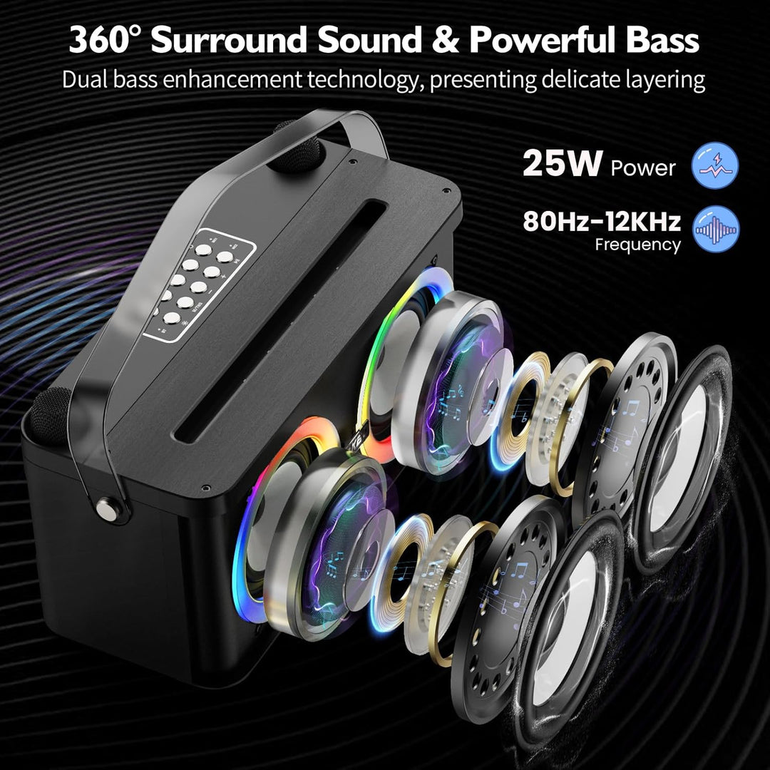 Karaoke Maschine mit Telefon-/Pad-Halterung, Tragbarer Bluetooth-Lautsprecher mit 2 kabellosen Mikro