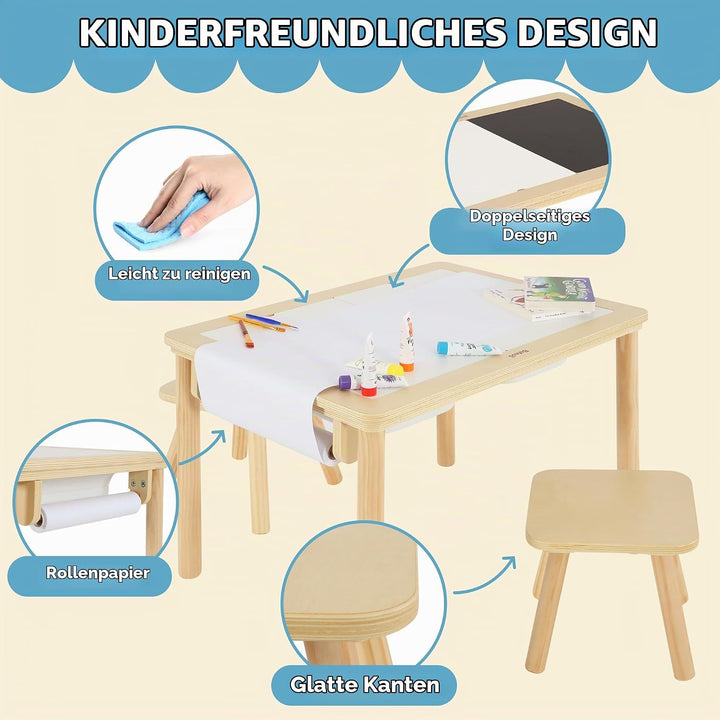 Multifunktionaler Sensoriktisch mit 2 Stühlen, Papierrolle, doppelseitiger Tafel und klappbaren Aufb