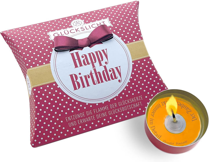 Glückslicht/Dots/Happy Birthday/Fröhlich rote Geschenkbox mit weissen Punkten und oranger Banderole