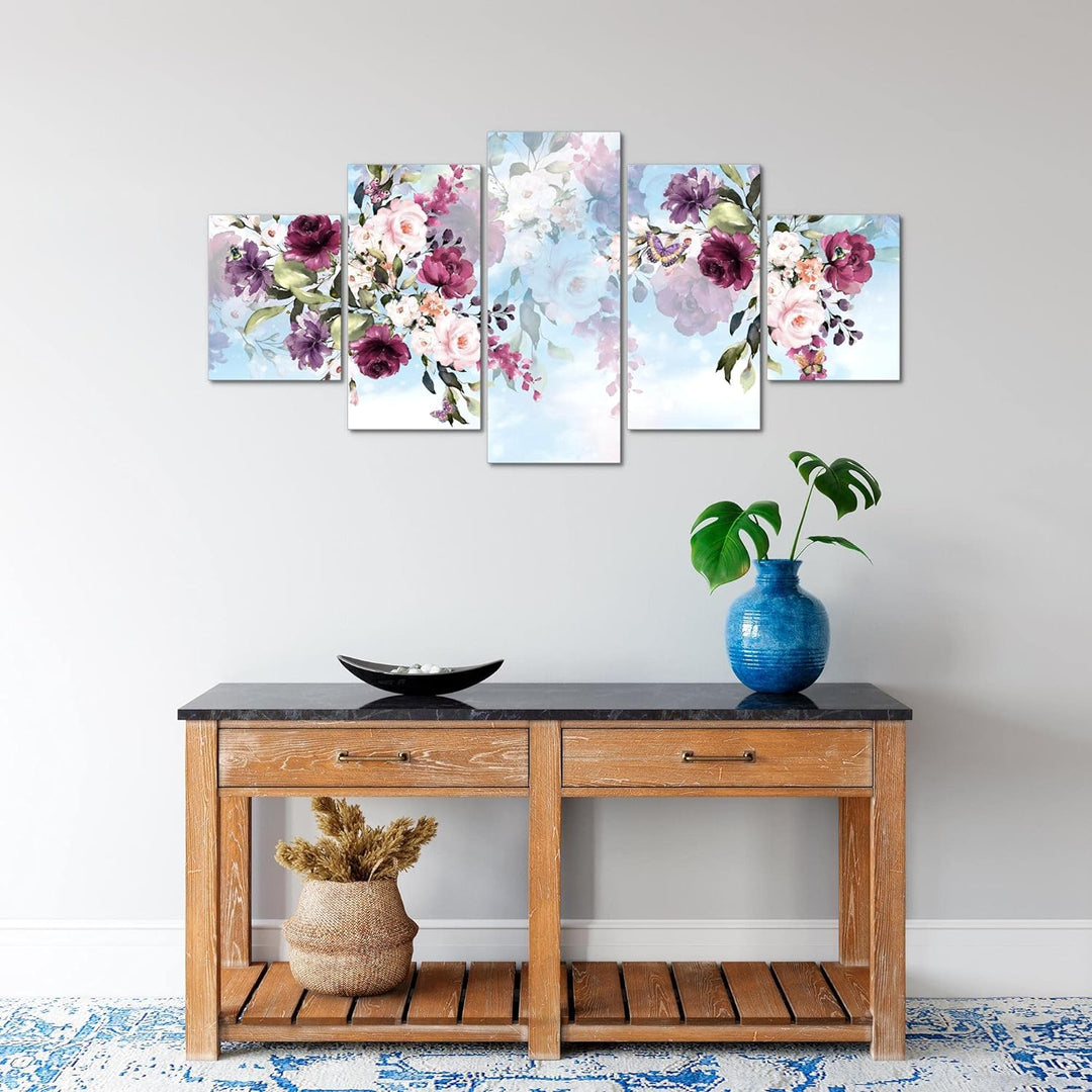 Runa Art Wandbilder Blumen 5 Teilig Bild auf Vlies Leinwand Deko Wohnzimmer Blumenbild Blau Bunt 026
