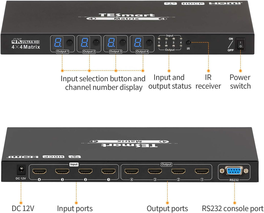 TESmart 4x4 HDMI Matrix Switch 4K bei 30Hz UHD | 4 in 4 Out HDMI Matrix Switcher Video-Switcher im M
