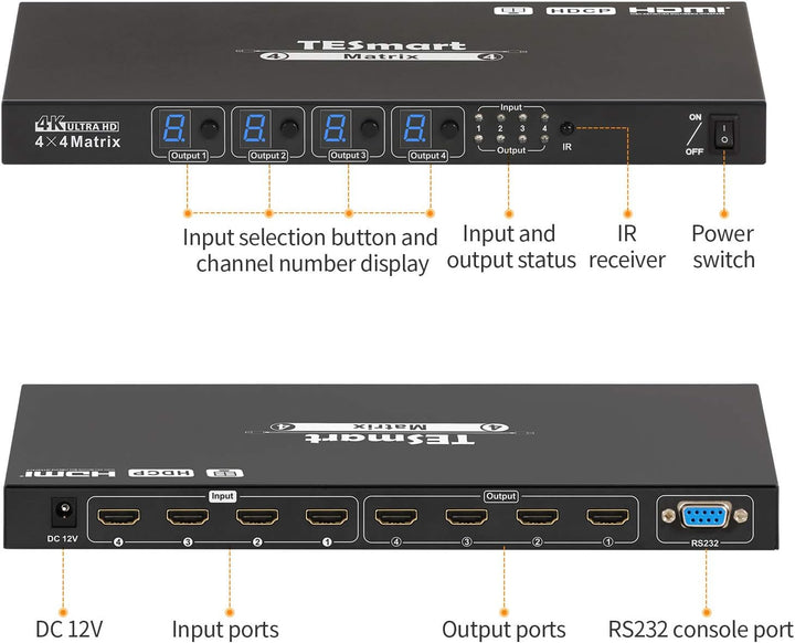 TESmart 4x4 HDMI Matrix Switch 4K bei 30Hz UHD | 4 in 4 Out HDMI Matrix Switcher Video-Switcher im M