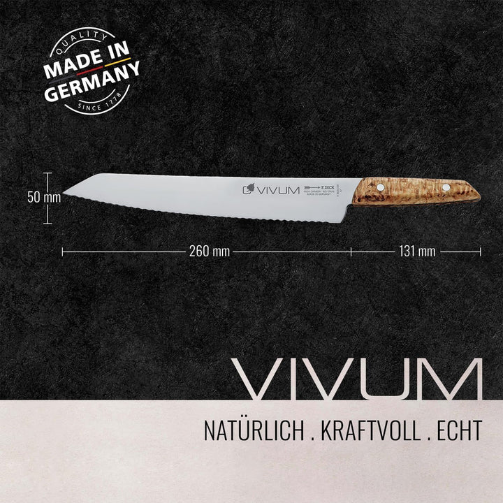 F. DICK Brotmesser VIVUM 26 cm - rostfrei, Klinge extra scharf, Wellenschliff, Sägemesser Birkenholz