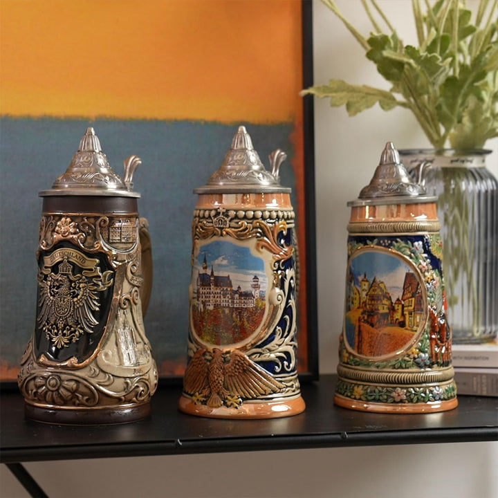NENBOLEC Bierkrug mit Zinndeckel Bierseidel Steinkrug Deutsch Frankfurt Römer Beer Stein 0.6L