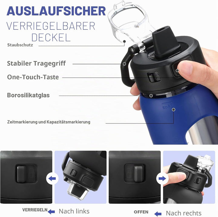 BLUEGO 700ml Trinkflasche Glas mit Strohhalm und Griff Auslaufsichere Wasserflasche mit Silikonhülle