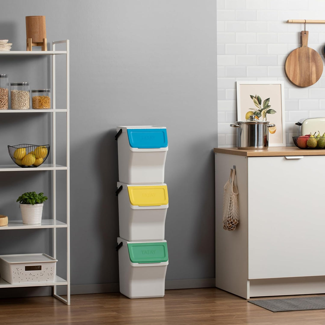 TATAY Mülltrennsystem Easy Waste 20L | 3er Set Recycling Behälter | Modular und Stapelbar | Deckel m