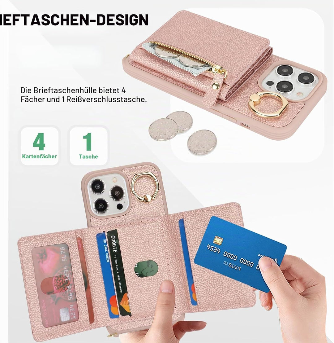 ELTEKER Handyhülle für iPhone 12 Pro Max Hülle mit Band Kartenfach Handykette Ringhalterung Geldbörs