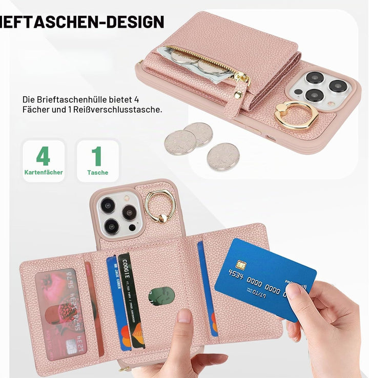 ELTEKER Handyhülle für iPhone 12 Pro Max Hülle mit Band Kartenfach Handykette Ringhalterung Geldbörs