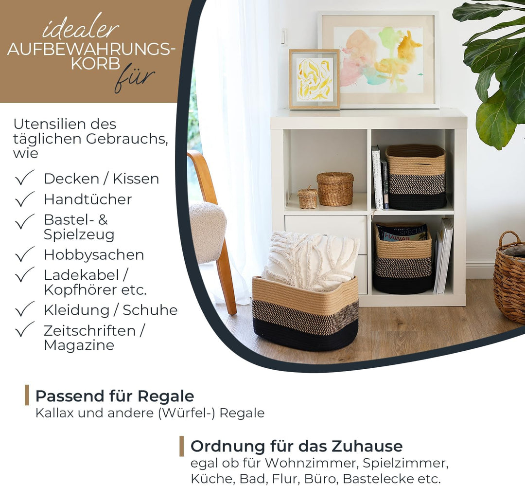 HMF Aufbewahrungskorb mit versteckten Griffen, 3er Set, Korb aus Baumwolle | 37,5 x 25 x 22,5 cm | S