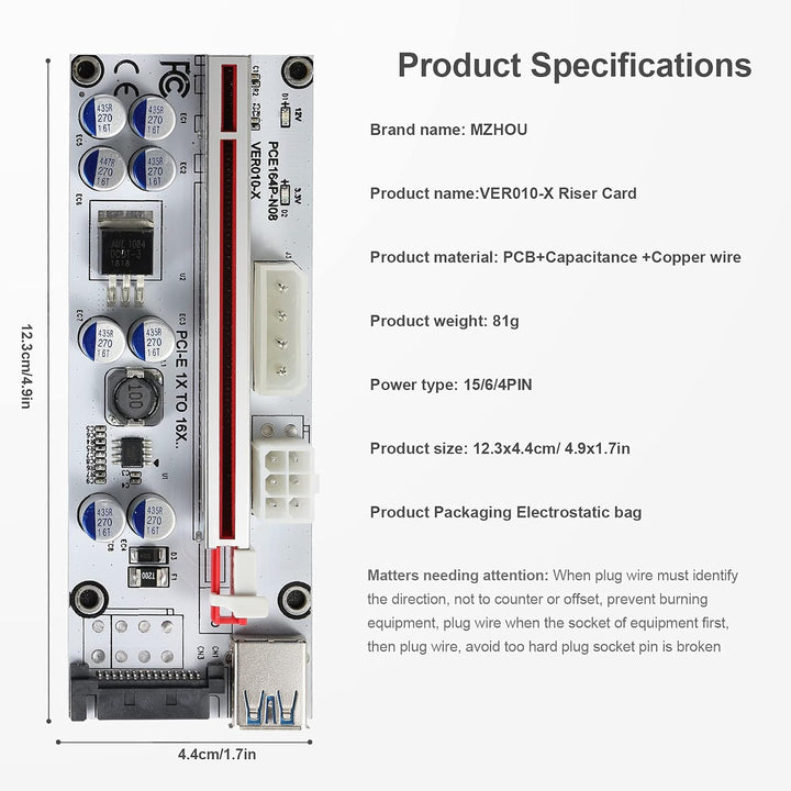 MZHOU 6 StüCk VER010-X PCI-E 1X bis 16X Riser Card,PCle Adapter mit 0,6m USB 3.0 Verlängerungskabel