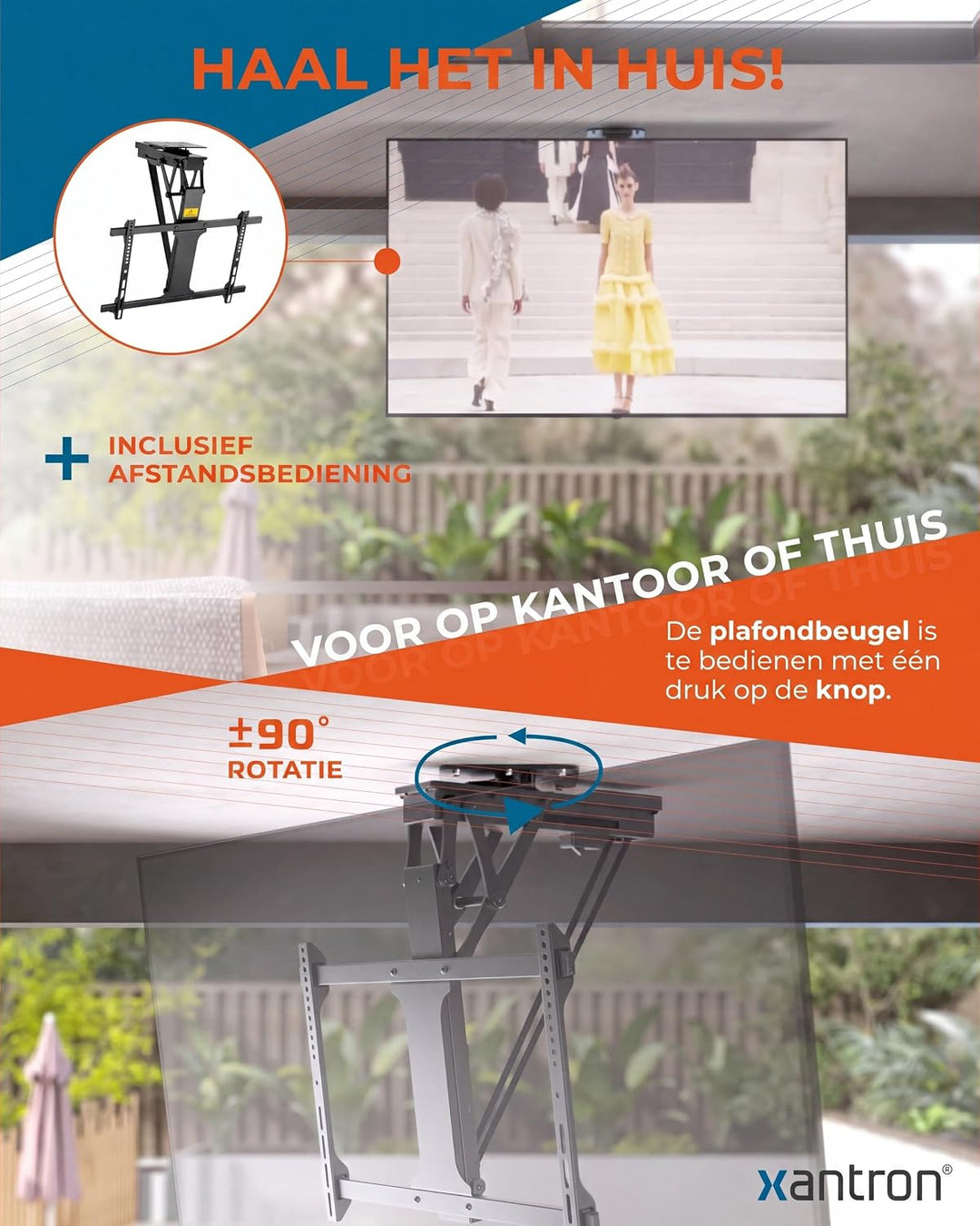 Xantron® DEHA-600E-Roto TV Deckenhalterung Elektrisch Klappbar Neigbar &amp; Drehbar / 32-75 Zoll [Sprac