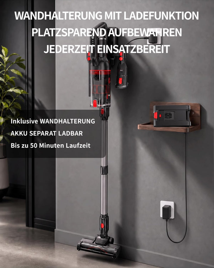 Akku Staubsauger Kabellos – 40KPa/500W/50 Min, 1L kabelloser Staubsauger mit V-förmiger Anti-Tangle-