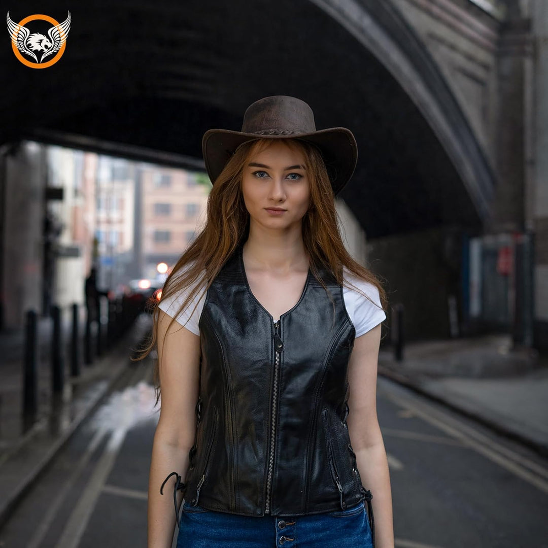 Leatherick Damen Lederweste der echte spitzenkorn-büffel Leder ärmellose jacke / weste schwarz 5XL S