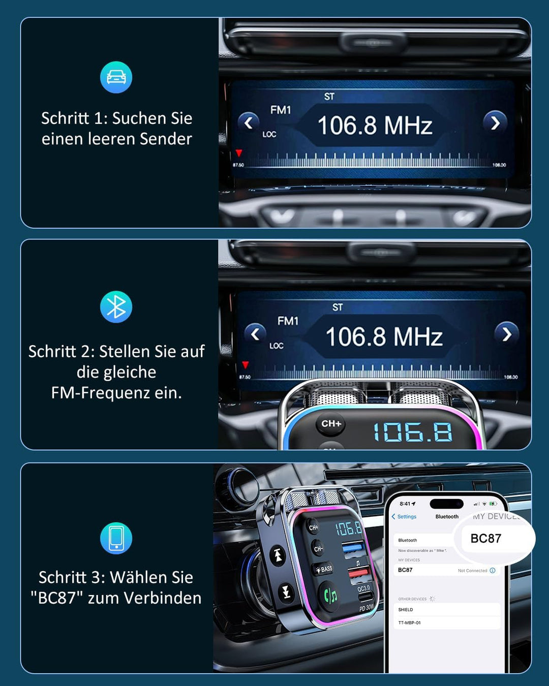 LENCENT Bluetooth FM Transmitter, Bluetooth 5,3, PD 30W & QC3.0 Schnellladegerät, Hi-Fi Musik klares