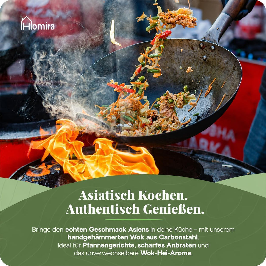 Homira Wok 36 cm handgehämmert aus Karbonstahl mit flachem Boden und Holzgriff – traditionelle PFAS-