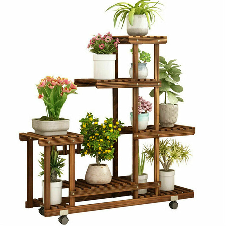 unho Blumenregal Rollbar, Blumenständer mit 6 Ebenen, Blumentreppe aus Holz, Pflanzenregal Balkon Wo