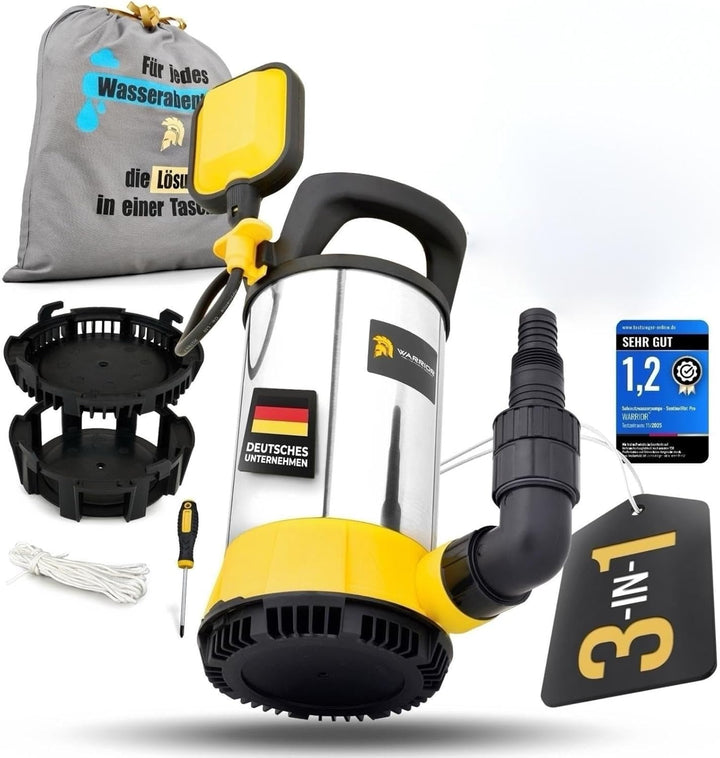 WARRIOR® 3in1 Schmutzwasserpumpe flachsaugend [TESTSIEGER] SentinelFlat Pro 1100W mit SnapLock-Syste