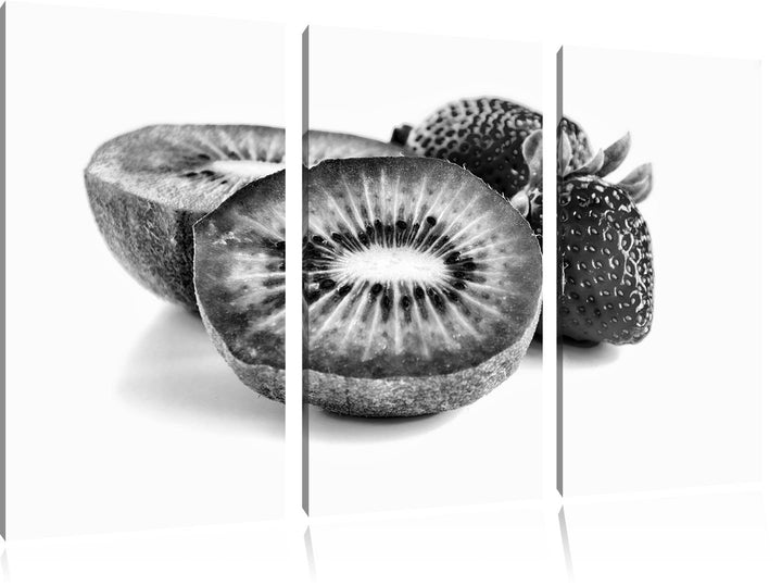 Pixxprint Monocrome, Kiwi und Erdbeeren 3-Teiler Leinwandbild 120x80 Bild auf Leinwand