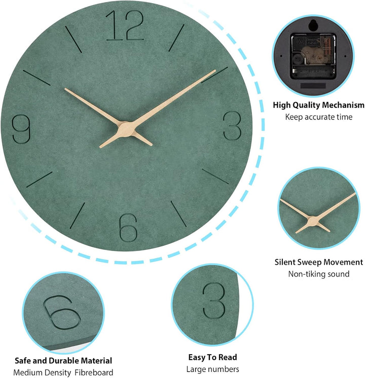 Warminn MDF Holz Wanduhr Ohne TickgeräUsche Lautlos Modern 30cm Quarz Gross Batterie Betriebene Wand
