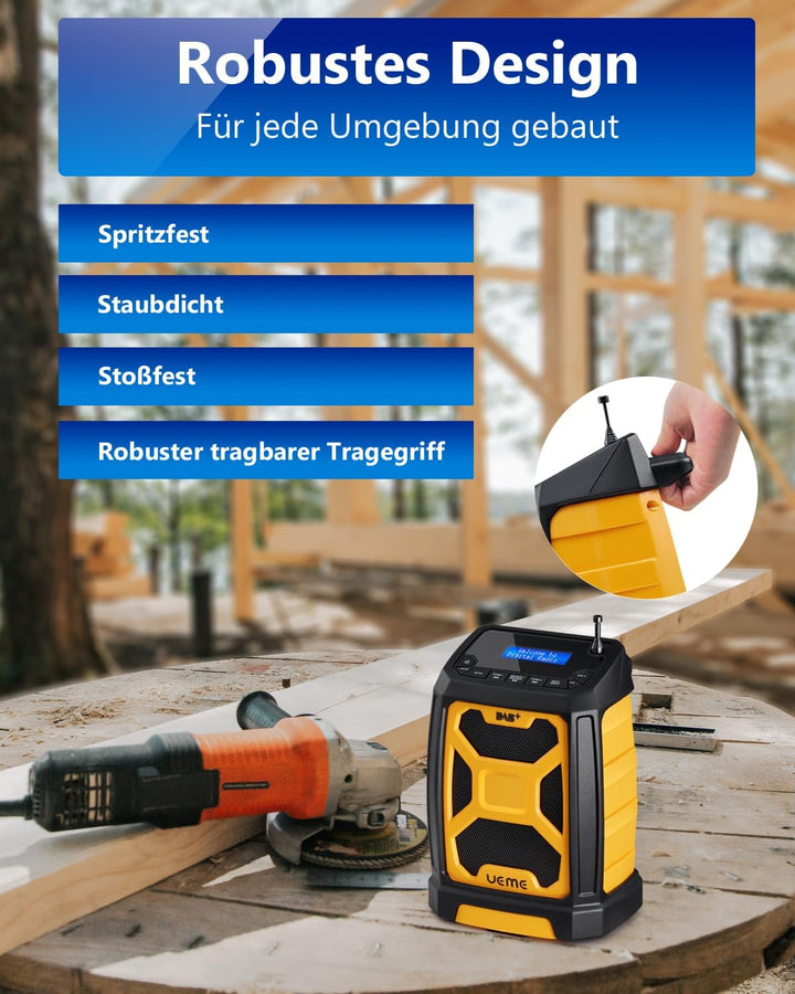 Baustellenradio Mit Akku Aufladbar (6000mAh), Tragbares DAB+/FM Radio, Bluetooth Lautsprecher & Dual