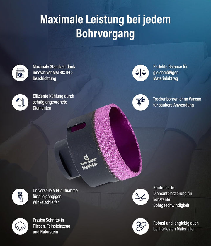 Karl Dahm MATRIXTEC Diamant-Trockenbohrkrone Ø 80 mm I Fliesenbohrer für Feinsteinzeug, Fliesen & Na