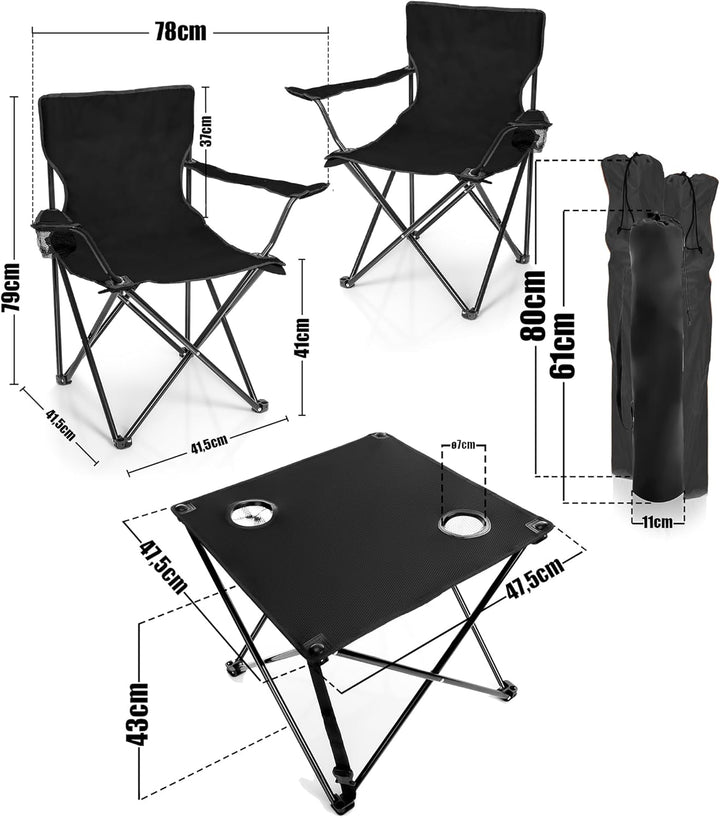 BigDean 2 Stück Campingstühle & Campingtisch faltbar – Faltstuhl in Schwarz mit Getränkehalter & Tra