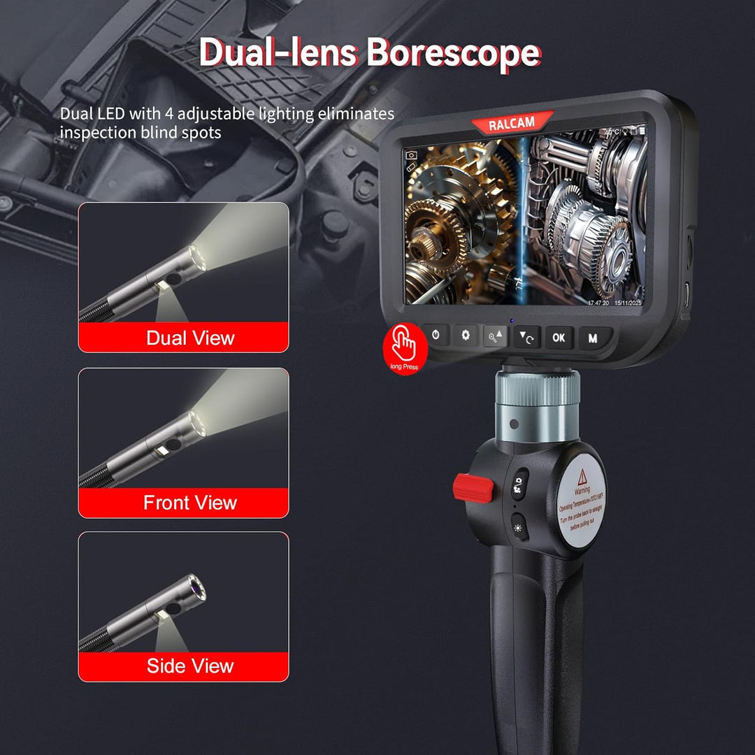 Ralcam Endoskopkamera mit Licht, Endoscope Camera mit 180° beweglichem Kopf, 8,5mm Dual-Sonde, 5" HD