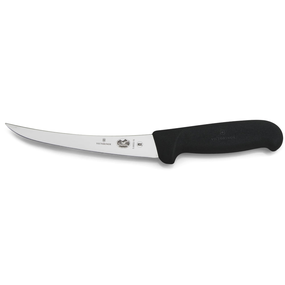 Victorinox Fibrox Ausbeinmesser, Scharfes Küchenmesser für Fleisch und Geflügel, 15 cm, Gebogene Kli