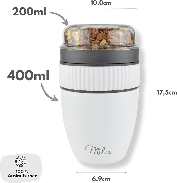 Milu Müslibecher to go 400ml I isolierter Edelstahl Joghurtbecher für Müsli I auslaufsicherer Becher