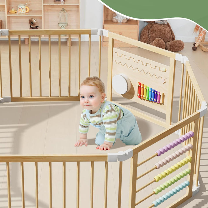 160x160x61cm Baby Laufgitter klappbar Laufstall Holz Kinder Activity Center mit Tür, musikalischem S