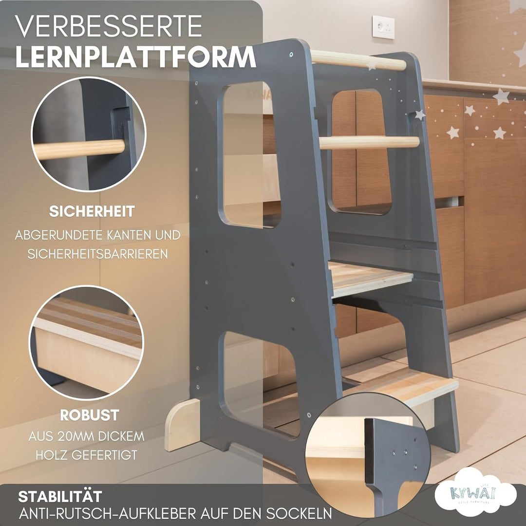 Montessori Lernturm ab 1 Jahr, aus robustem Holz, Premium-Modell in Grossformat, Learning Tower mit