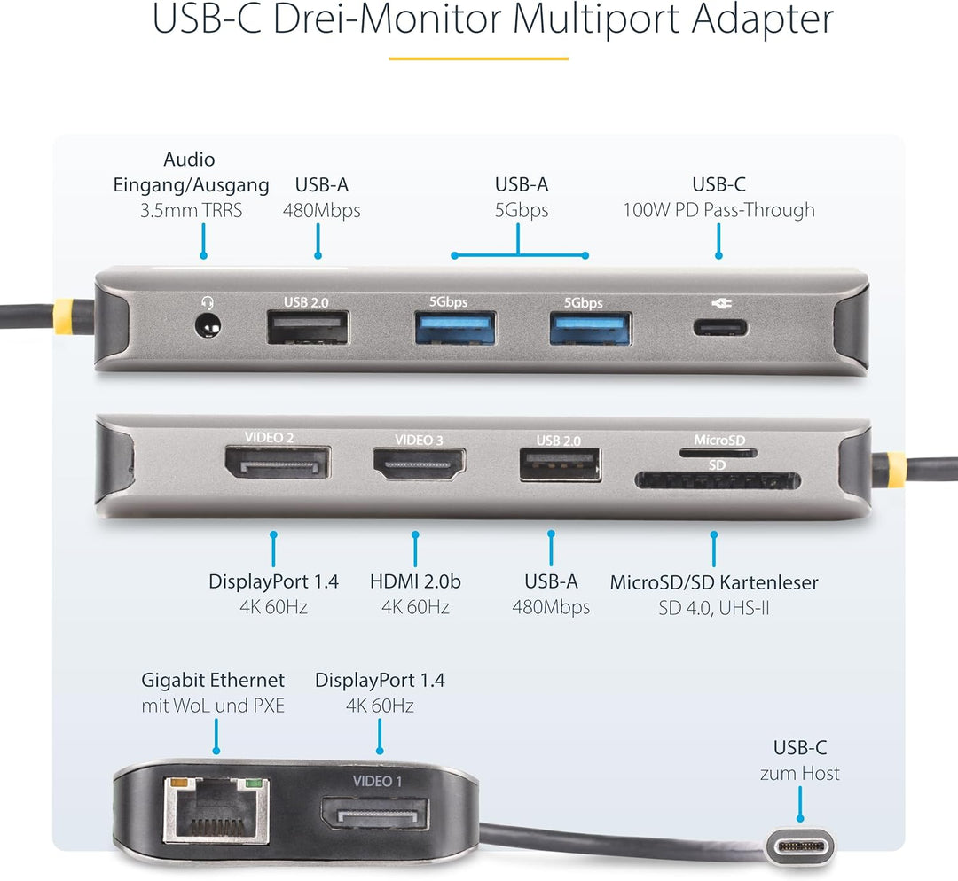 StarTech Dreifach 4K USB-C Dock, 2X DP 1x HDMI, 10Gbit/s, GbE, SD, 100W