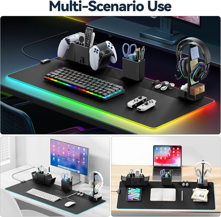 KDD Gaming Mauspad XXL & LED Licht Modi Mousepad mit Magnetisch Organizer Set, Rutschfest Tischunter