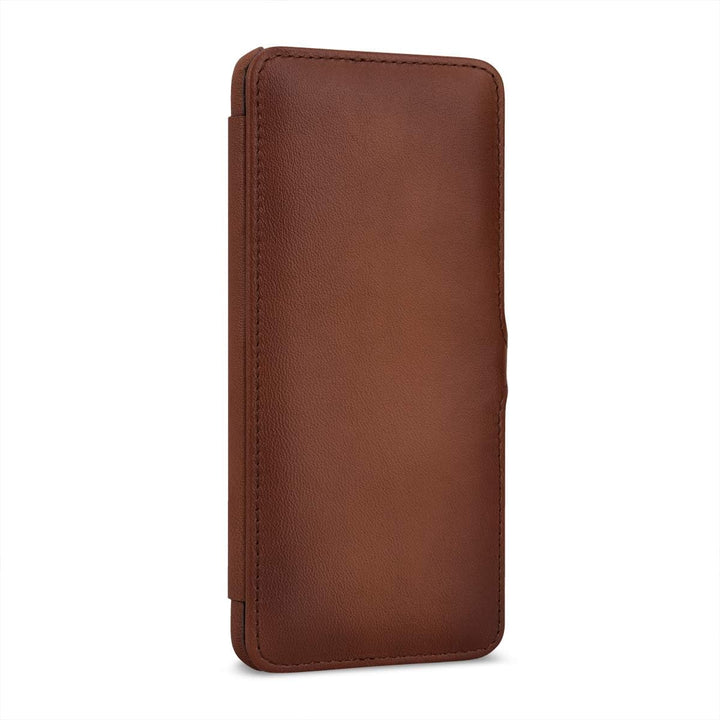 STILGUT Hülle geeignet für OnePlus 7T Lederhülle Book Type, braun antik mit Clip OnePlus 7T braun an