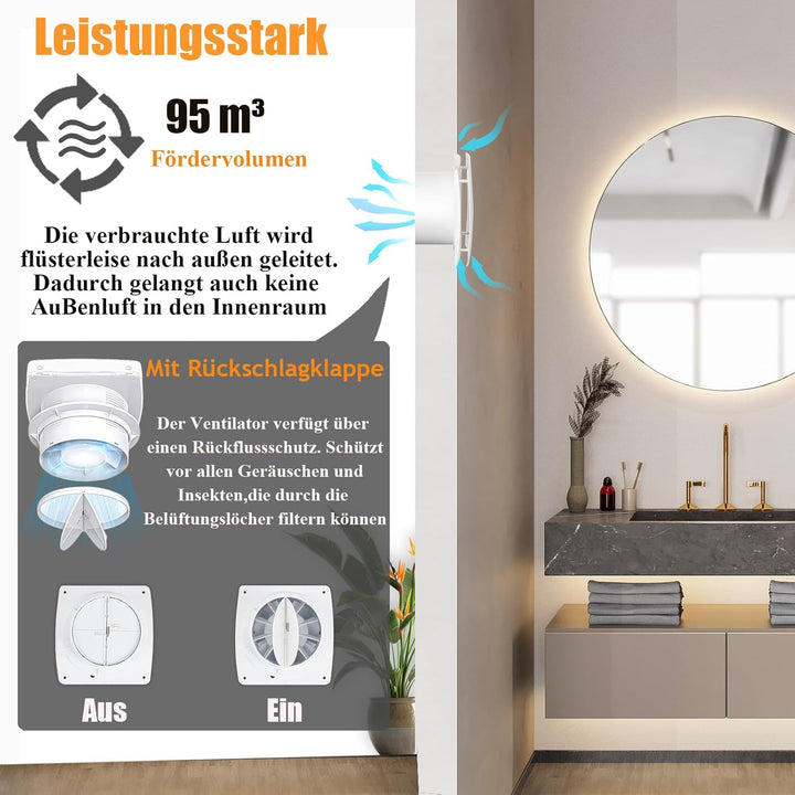 YIBONIKA Badlüfter 100mm mit Feuchtigkeitssensor & Nachlauf, ≤34db Leiser Abluftventilator mit Rücks