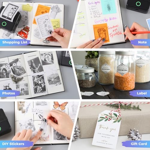 PRAOAHEI Mini Drucker, Tragbarer Fotodrucker mit 20 Rollen Druckerpapier, Bluetooth-Etikettendrucker