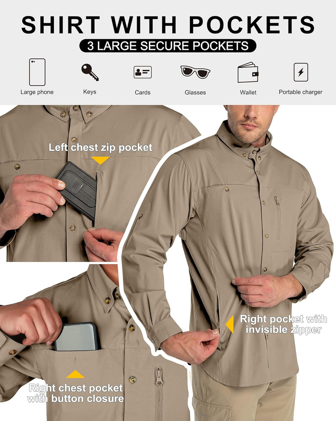 33,000ft Safari Hemd Herren Langarm Sportshemd UPF50+ UV Schutz Funktionshemd Atmungsaktiv Button-Do